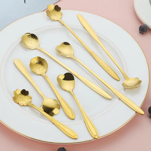 DecorBites™ Gold Flower Stainless Steel Teaspoons Set for Coffee, Desserts, and Ice Cream