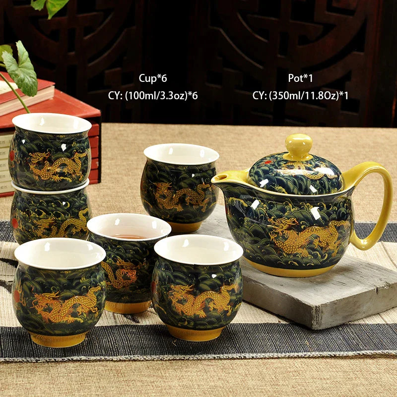 DecorBites™ Ceramic Kung Fu Teapot with Dragon Design 350ml - Handmade Porcelain Tea Pot