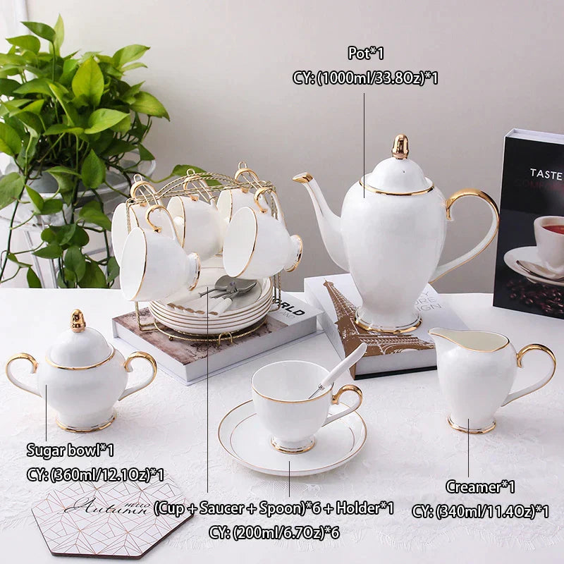 DecorBites™ Bone China Coffee Set White Gold Porcelain Tea Set Advanced Pot Cup