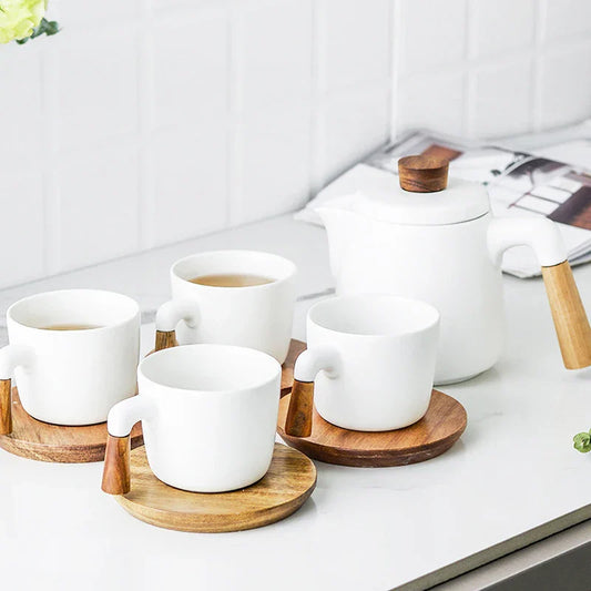 DecorBites™ Japanese Style Ceramic Tea Pot Set with Wooden Handle | Heat-Resistant Borosilicate Glass