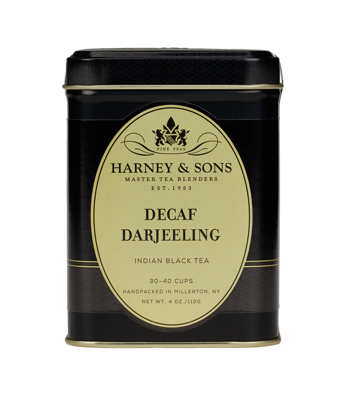 Harney & Sons Decaf Darjeeling tea canister on a white background