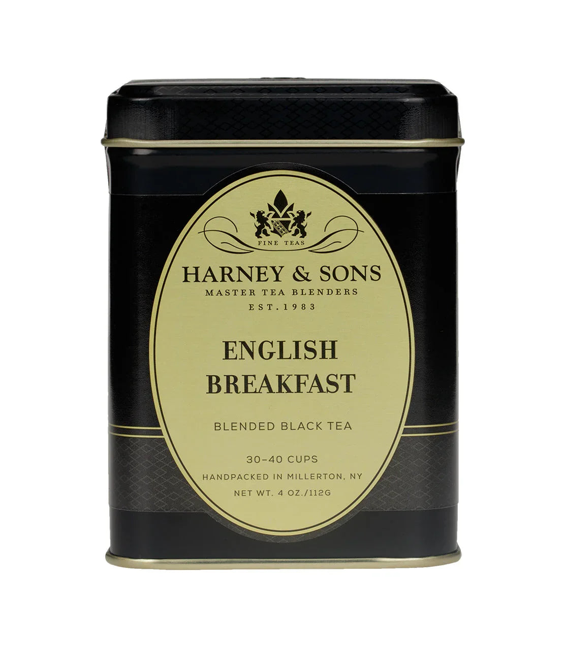 Harney & Sons English Breakfast black tea tin, 4 oz loose leaf, gold and black packaging - blinks emporium