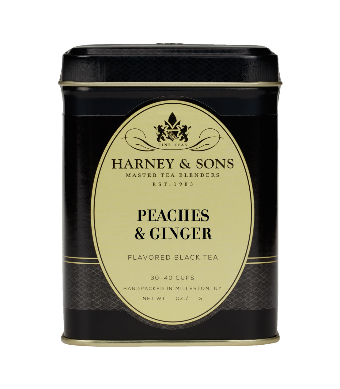 Harney & Sons Peaches & Ginger flavored black tea tin, 4 oz loose leaf