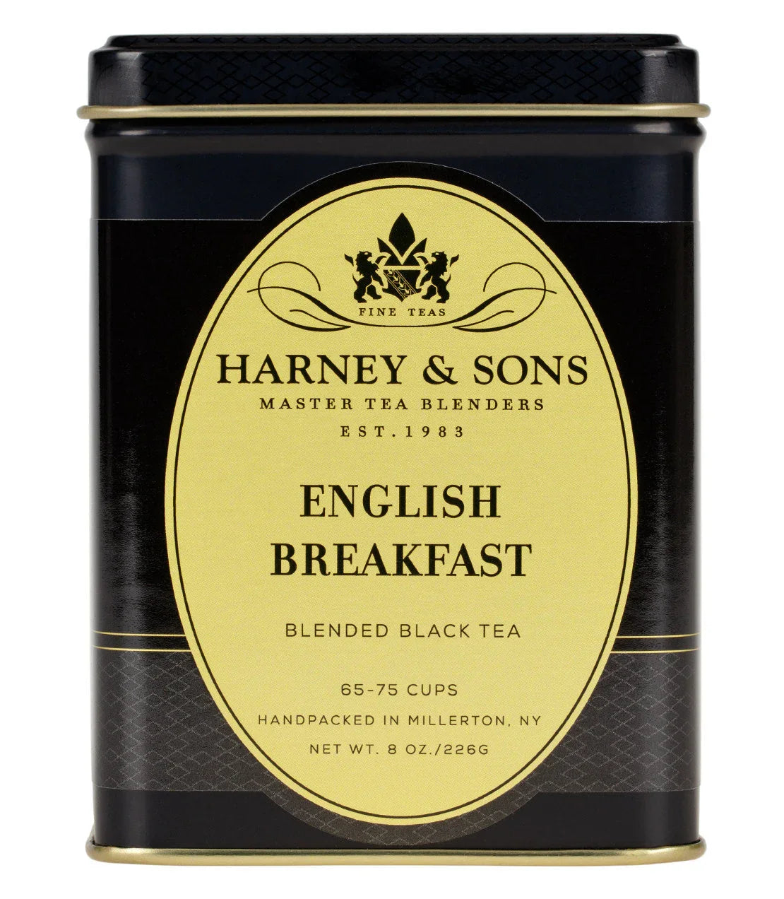 Harney & Sons English Breakfast black tea 8oz tin, elegant black and gold packaging - blinks emporium