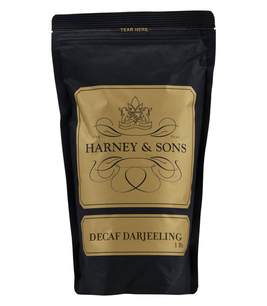 Harney & Sons Decaf Darjeeling coffee package on a white background