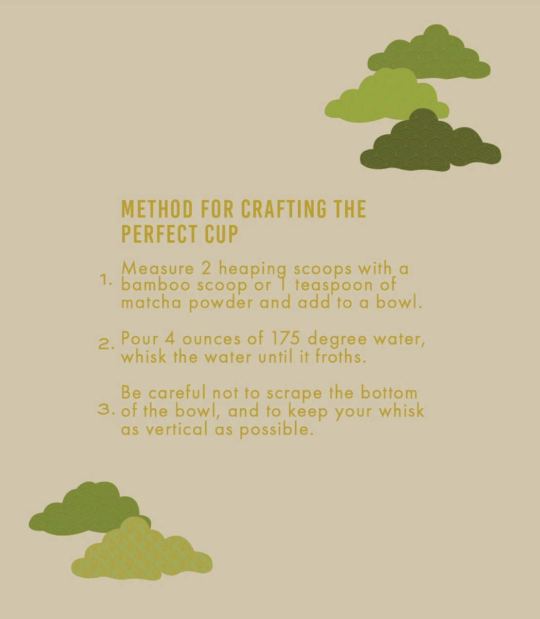 Instructions for crafting the perfect cup of matcha on a beige background with green matcha powder illustrations.