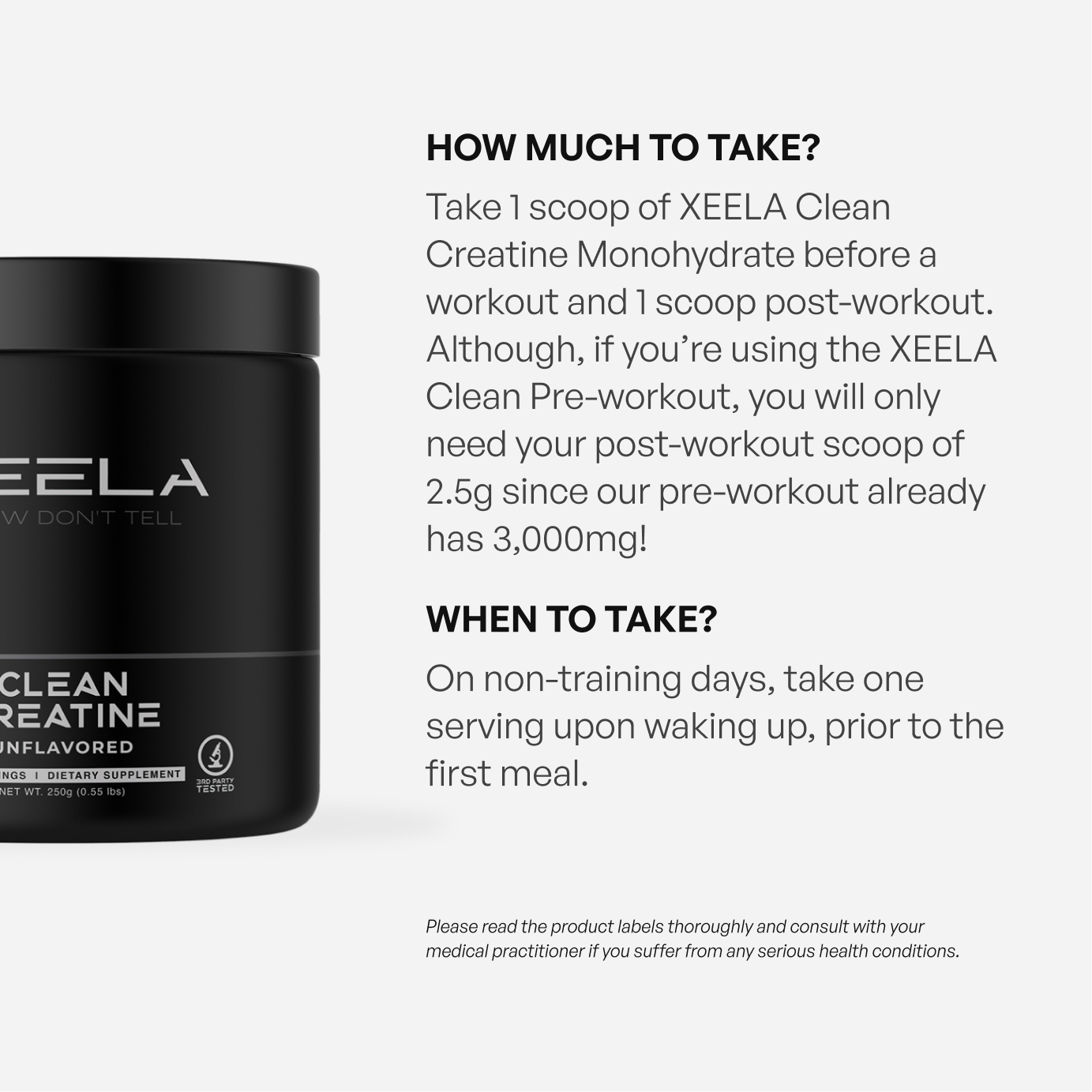 Black container of XEELA Clean Creatine Monohydrate with usage instructions on a white background