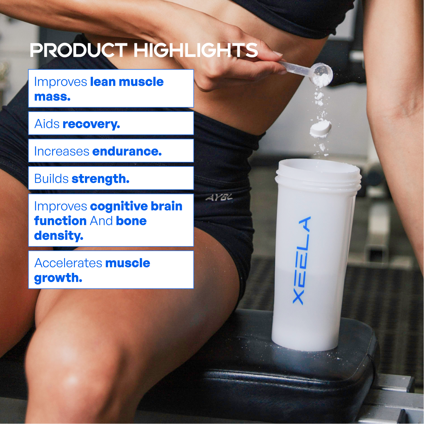 Person pouring a supplement into a Xeela container with product highlights listed.