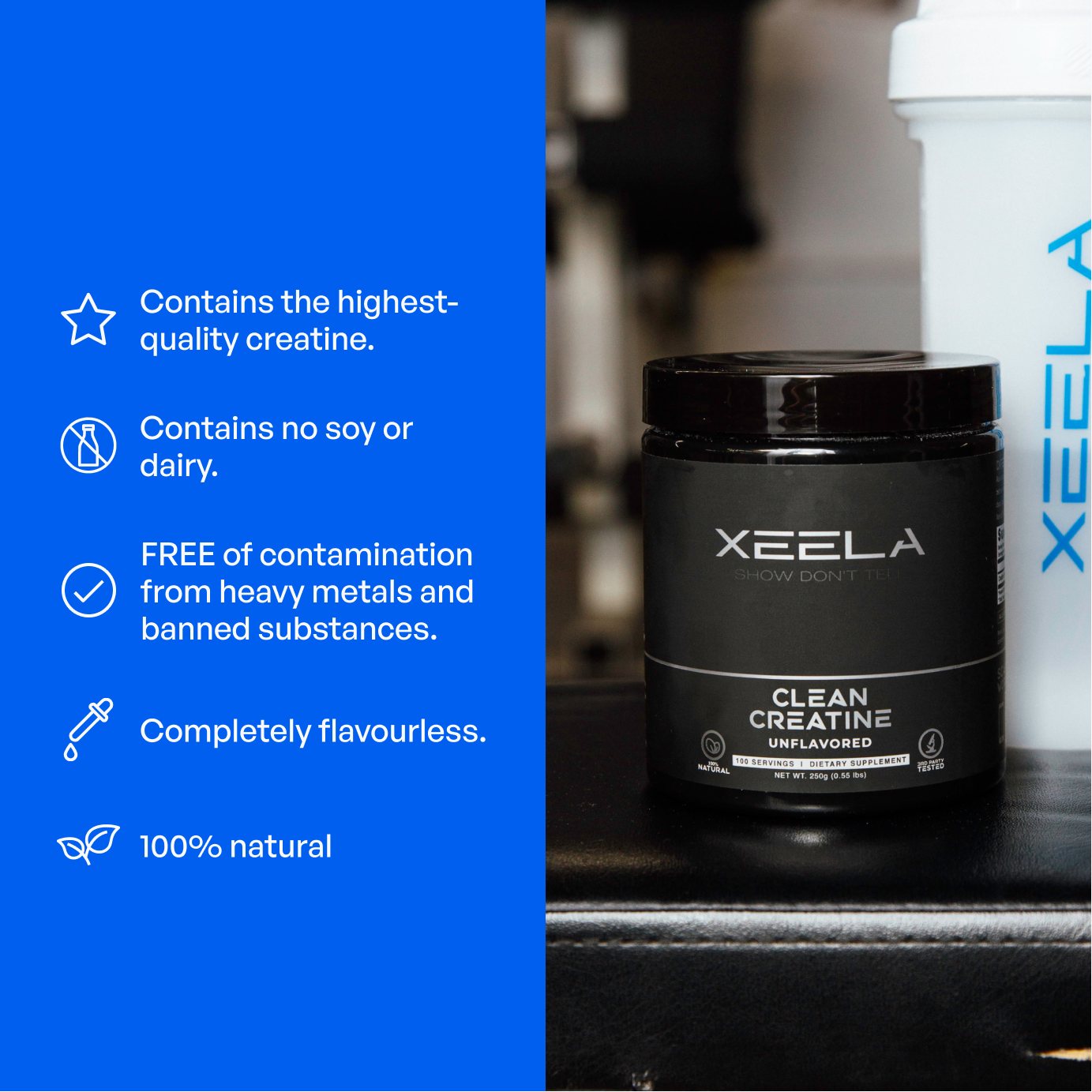 Black container labeled 'XEELA Clean Creatine Unflavored' with product features on a blue sidebar.