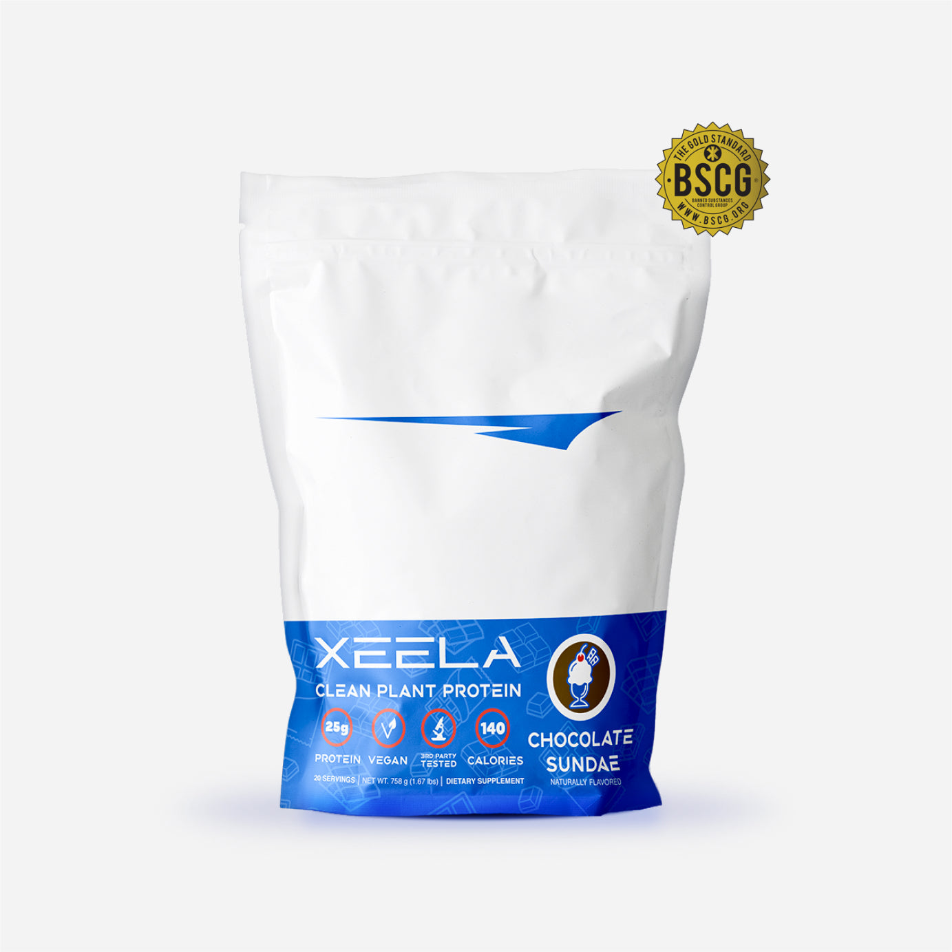 Xeela clean plant protein package with BSCG certification badge on a white background
