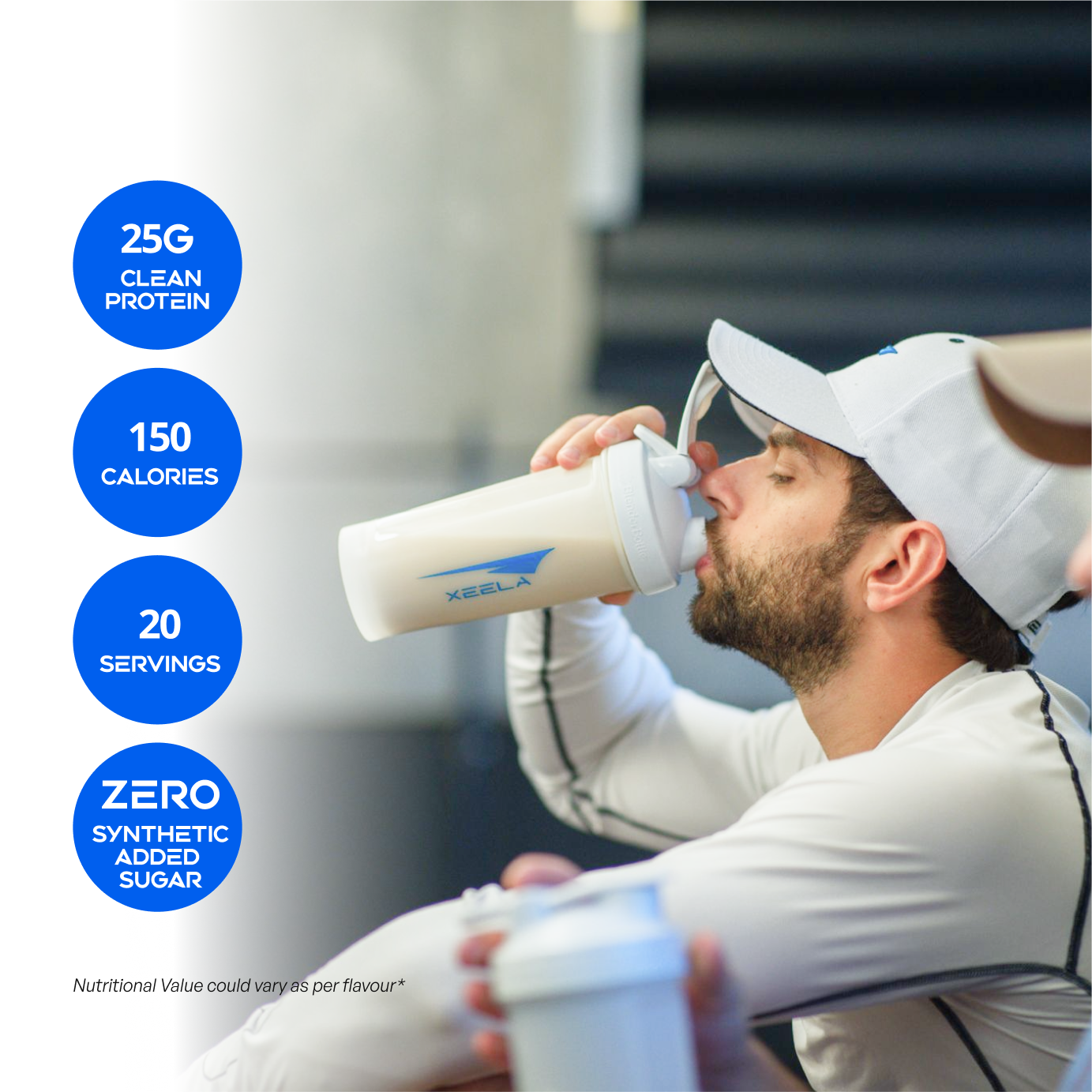Man drinking from a protein shake bottle with nutritional information displayed.