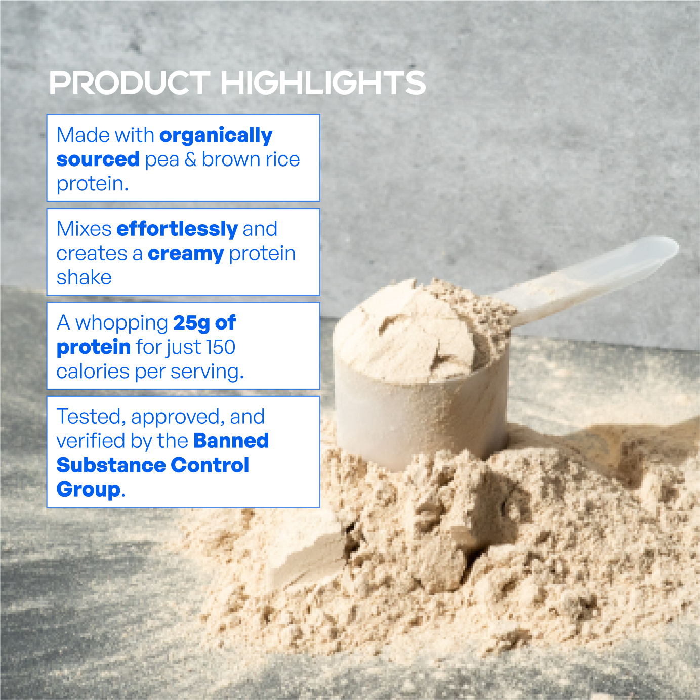 Protein powder with a scoop and product highlights text on a gray background