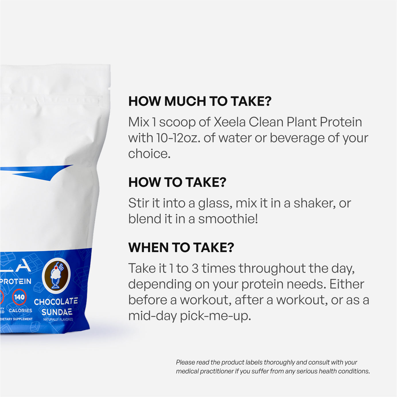 Xeela Clean Plant Protein packaging with usage instructions on a white background