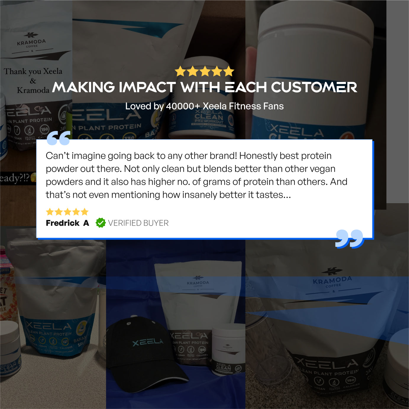 Product packaging with Xeela branding and a customer review displayed.