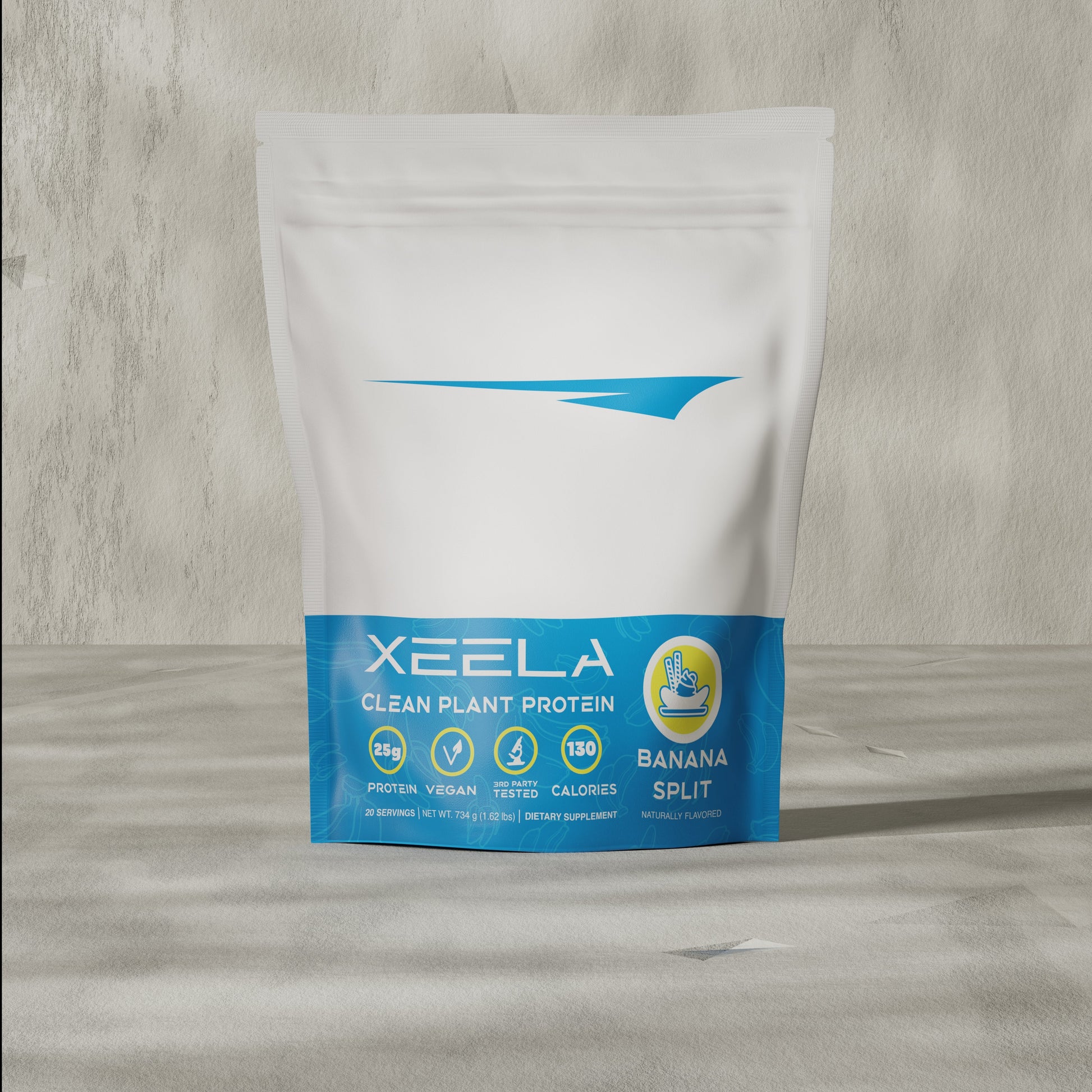 XEELA clean plant protein package on a wooden surface
