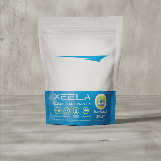 XEELA clean plant protein package on a wooden surface