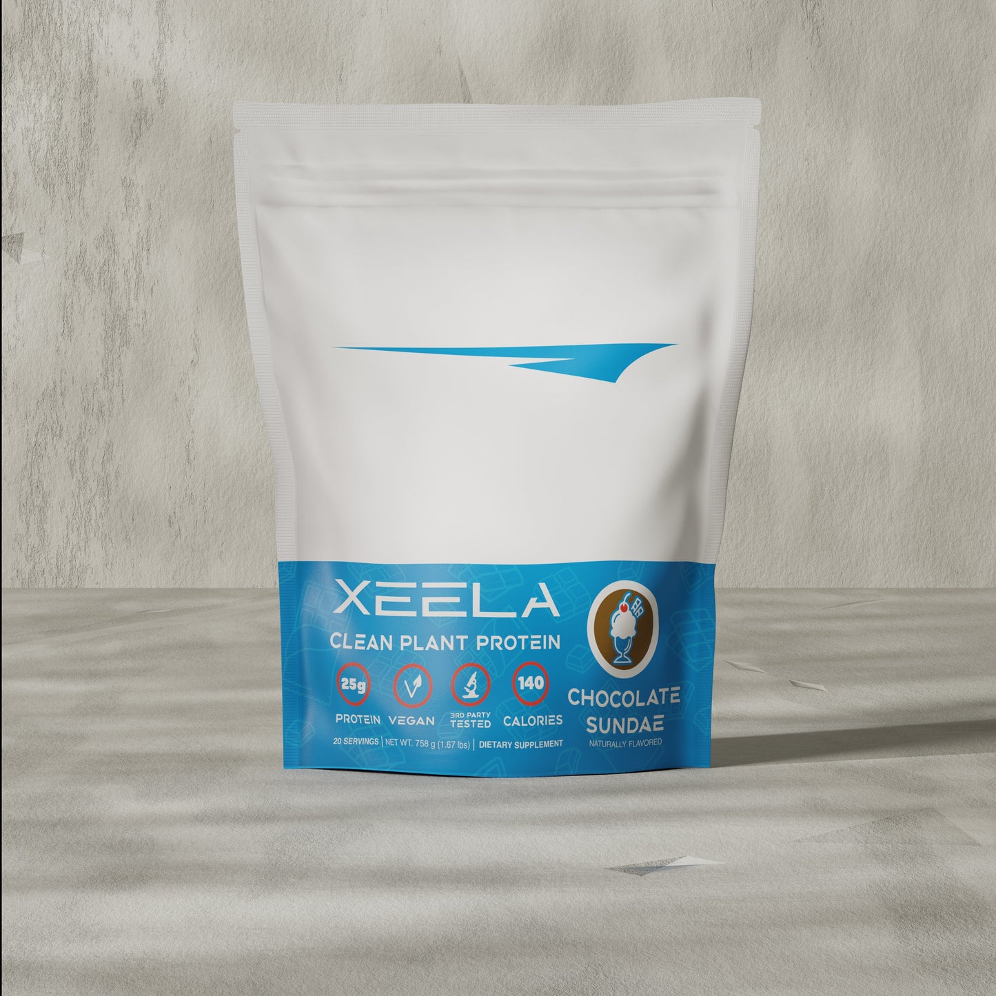 Xeela clean plant protein package on a wooden surface