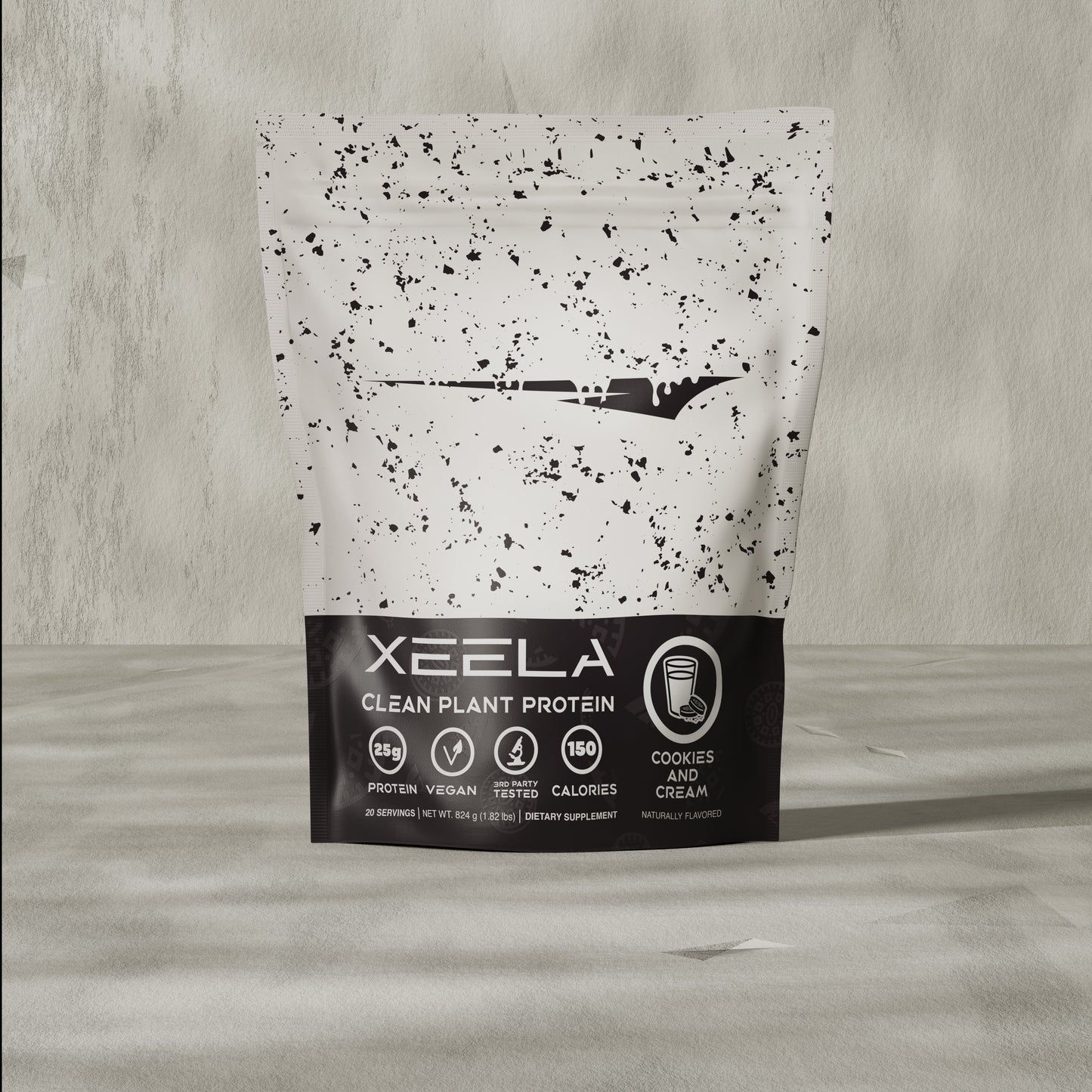 Xeela clean plant protein package on a wooden surface
