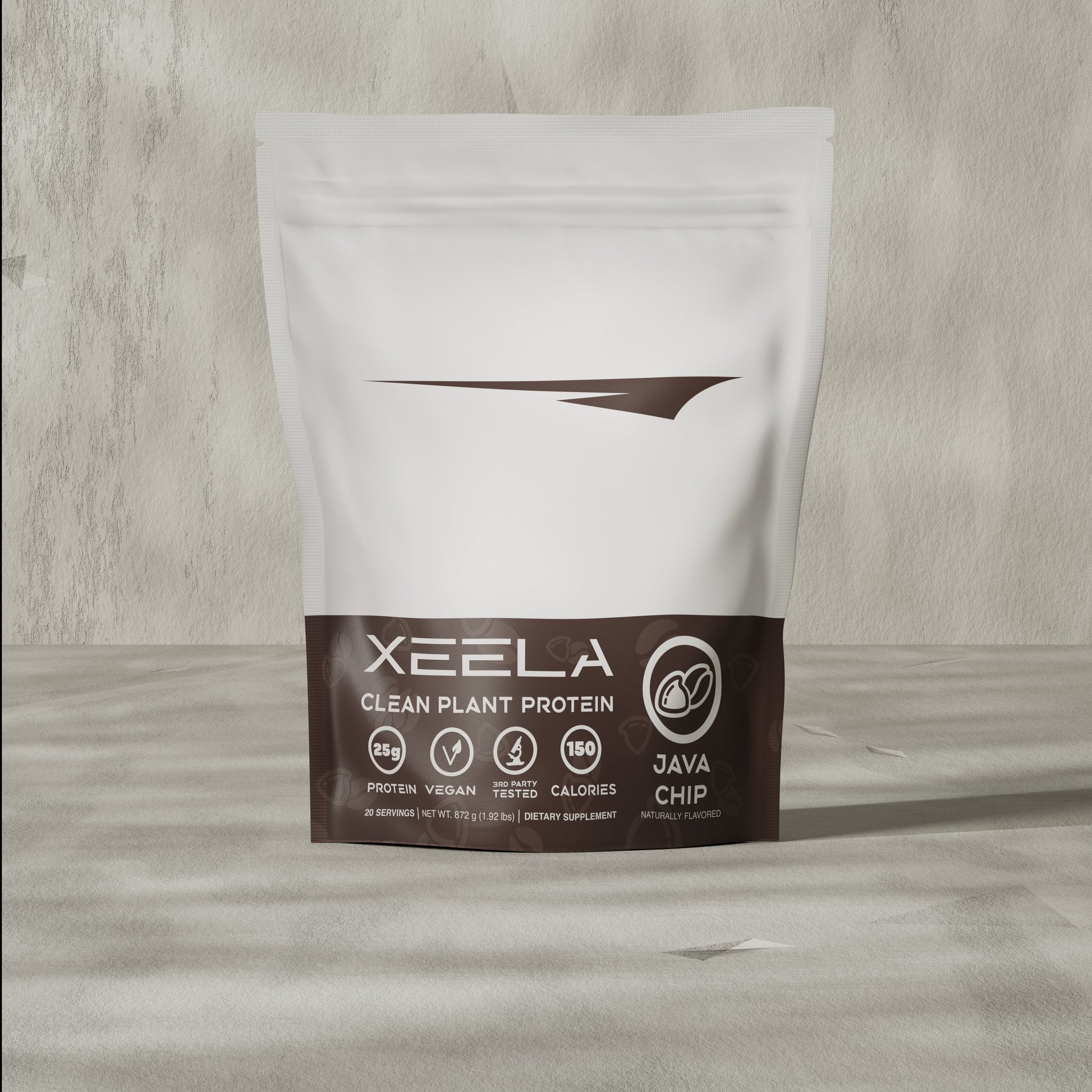 Xeela clean plant protein package on a wooden surface