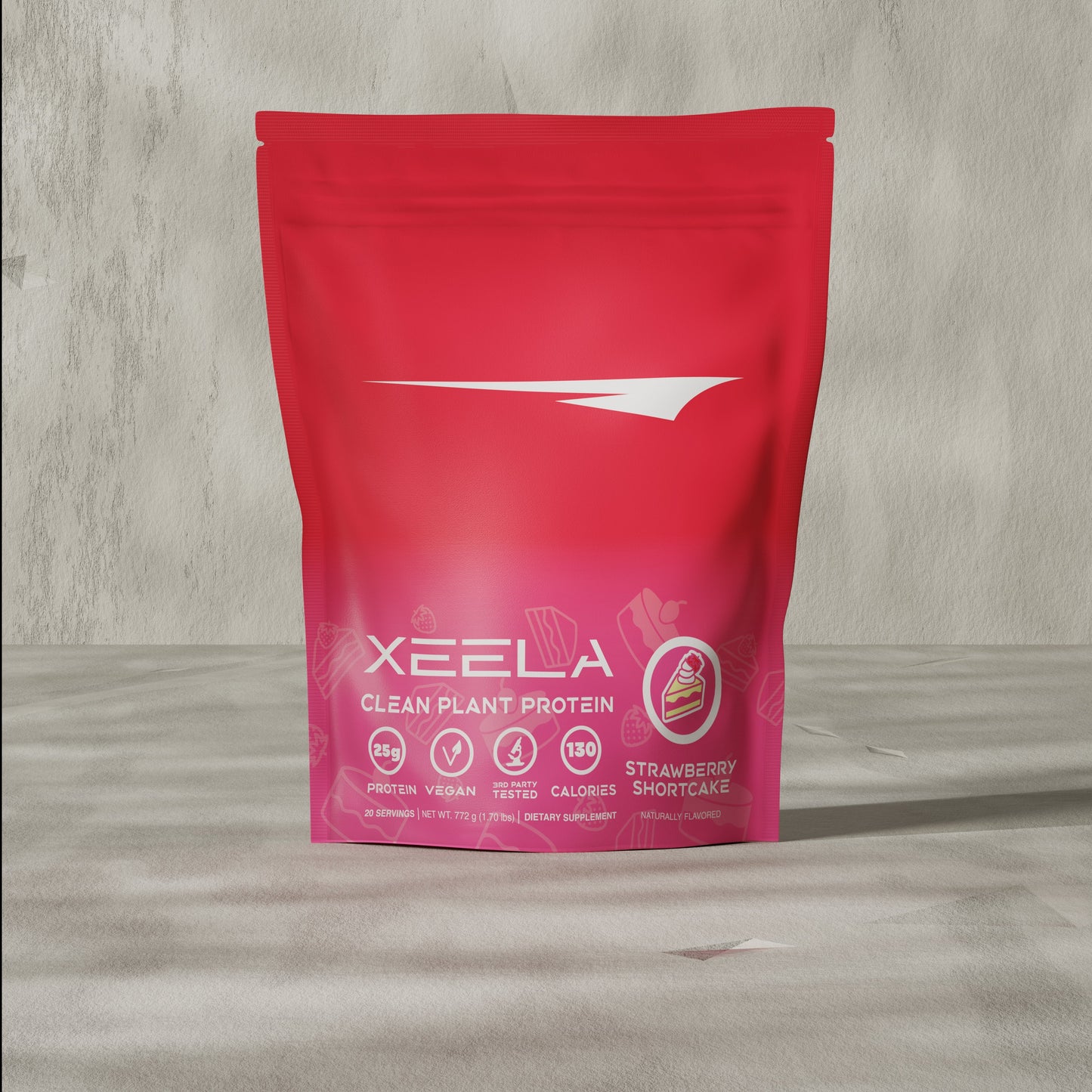 Red package of Xeela Clean Plant Protein on a wooden surface