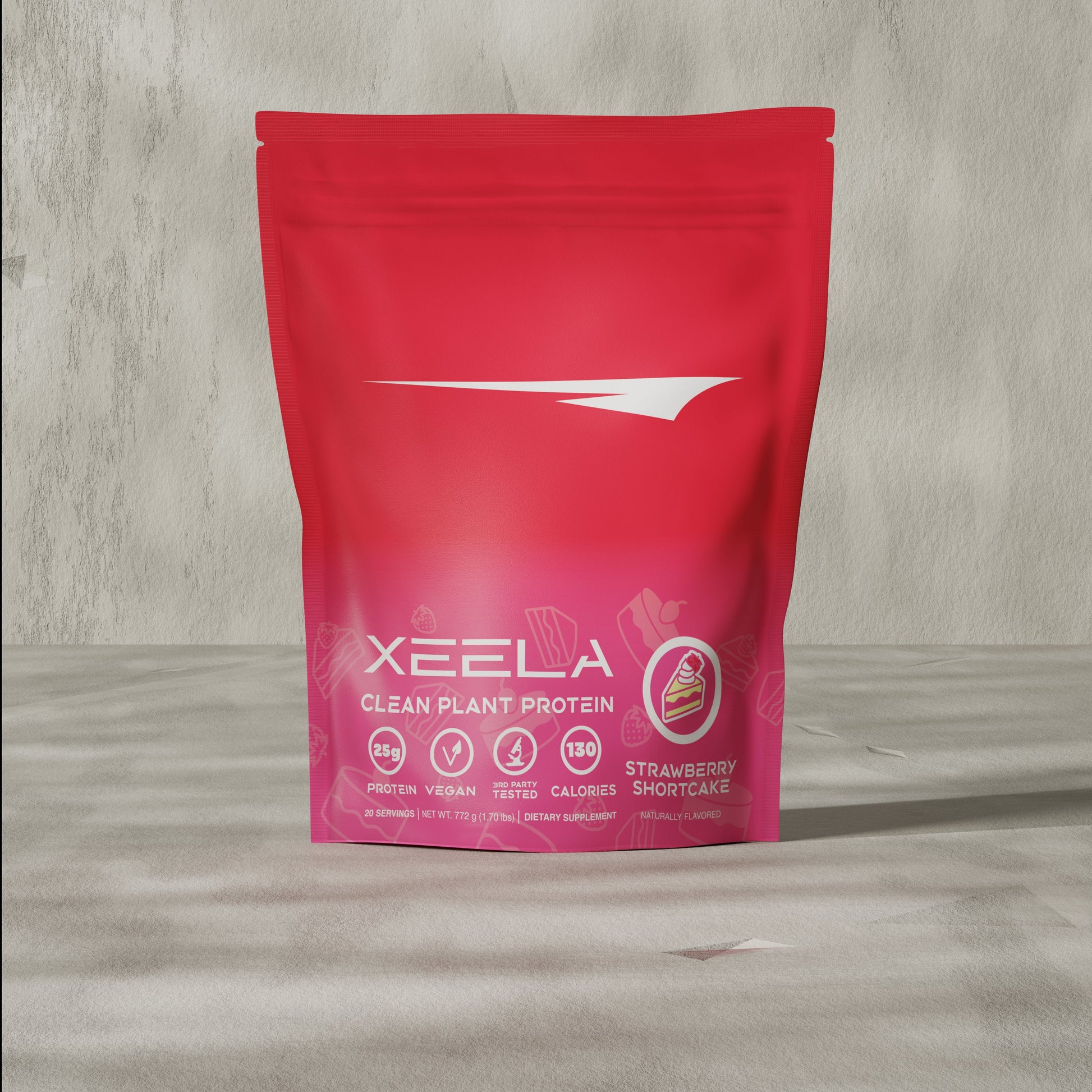 Red package of Xeela Clean Plant Protein on a wooden surface
