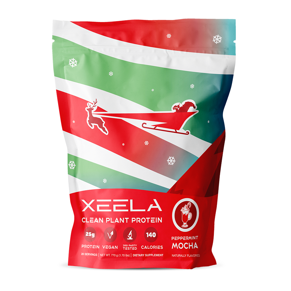 XEELA clean plant protein package with a reindeer design on a white background