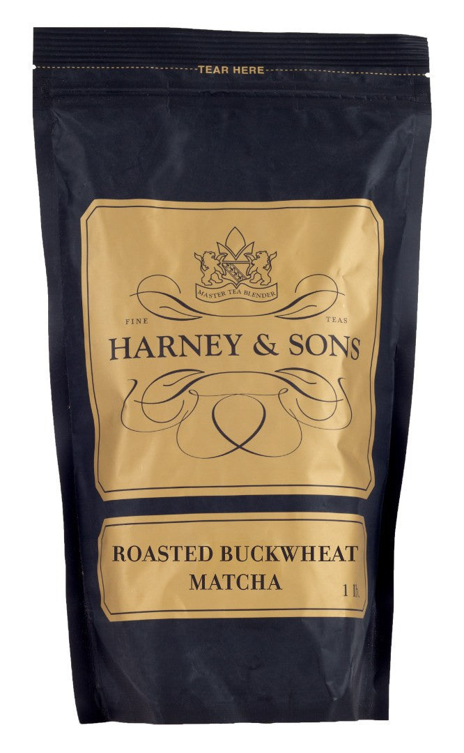 Harney & Sons roasted buckwheat matcha package on a white background