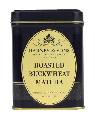 Black tin of Harney & Sons Roasted Buckwheat Matcha on a white background - blinks emporium