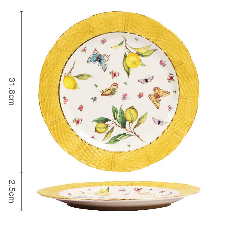 DecorBites™ Gold Edge Cup & Saucer Set: Lemon Teapot, Coffee Mug, Ceramic Plates & Drinkware