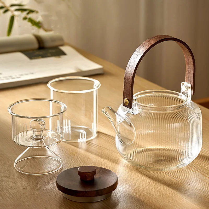 DecorBites™ Glass Teapot Set with Wooden Handle and Cover