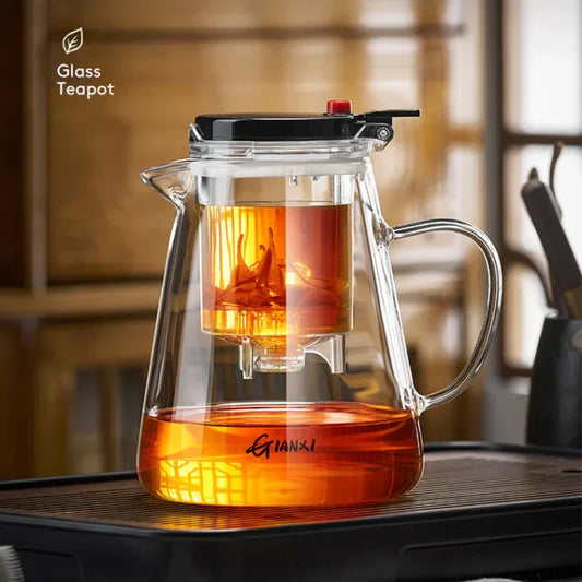 DecorBites™ Glass Teapot with One-Button Filter, High-Temp Resistance, and Tea Separation Technology