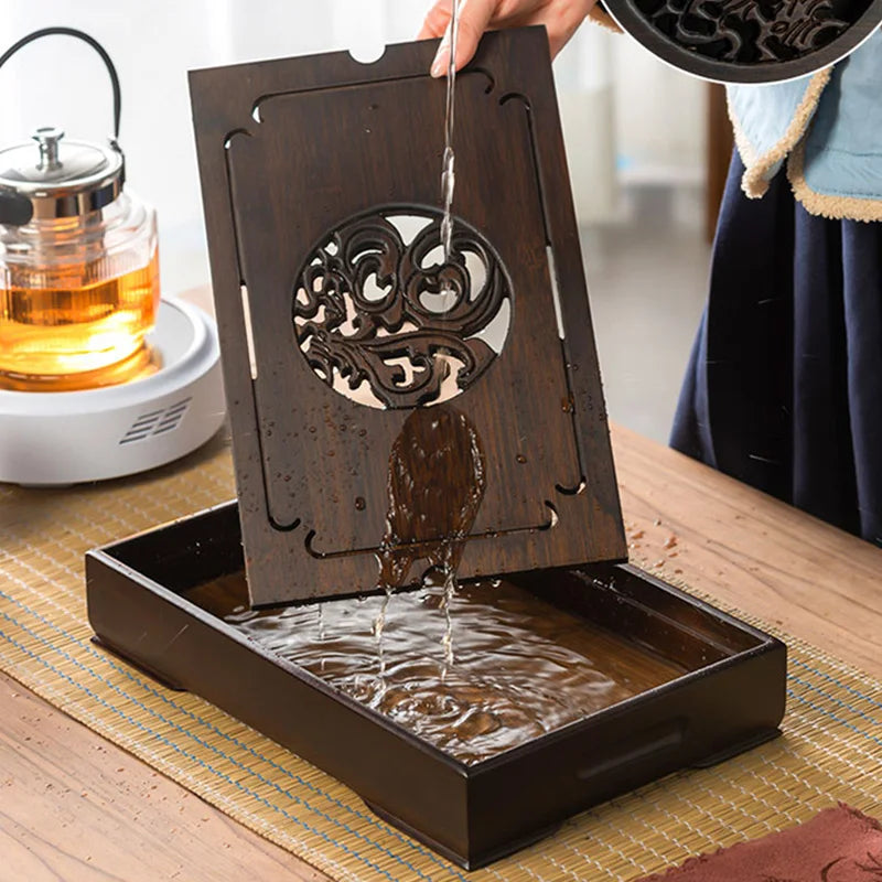 DecorBites™ Bamboo Tea Tray: Dual Purpose Teaware Holder with Water Storage and Drainage