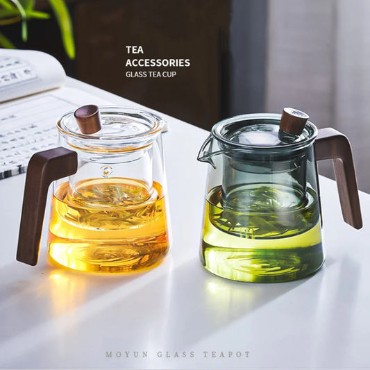 DecorBites™ Glass Teapot Wood Handle Set - Chinese Tea Ceremony, High Boron Silicon Pot