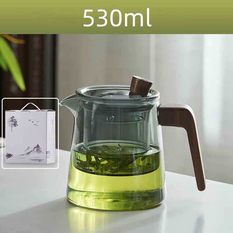 DecorBites™ Glass Teapot Wood Handle Set - Chinese Tea Ceremony, High Boron Silicon Pot
