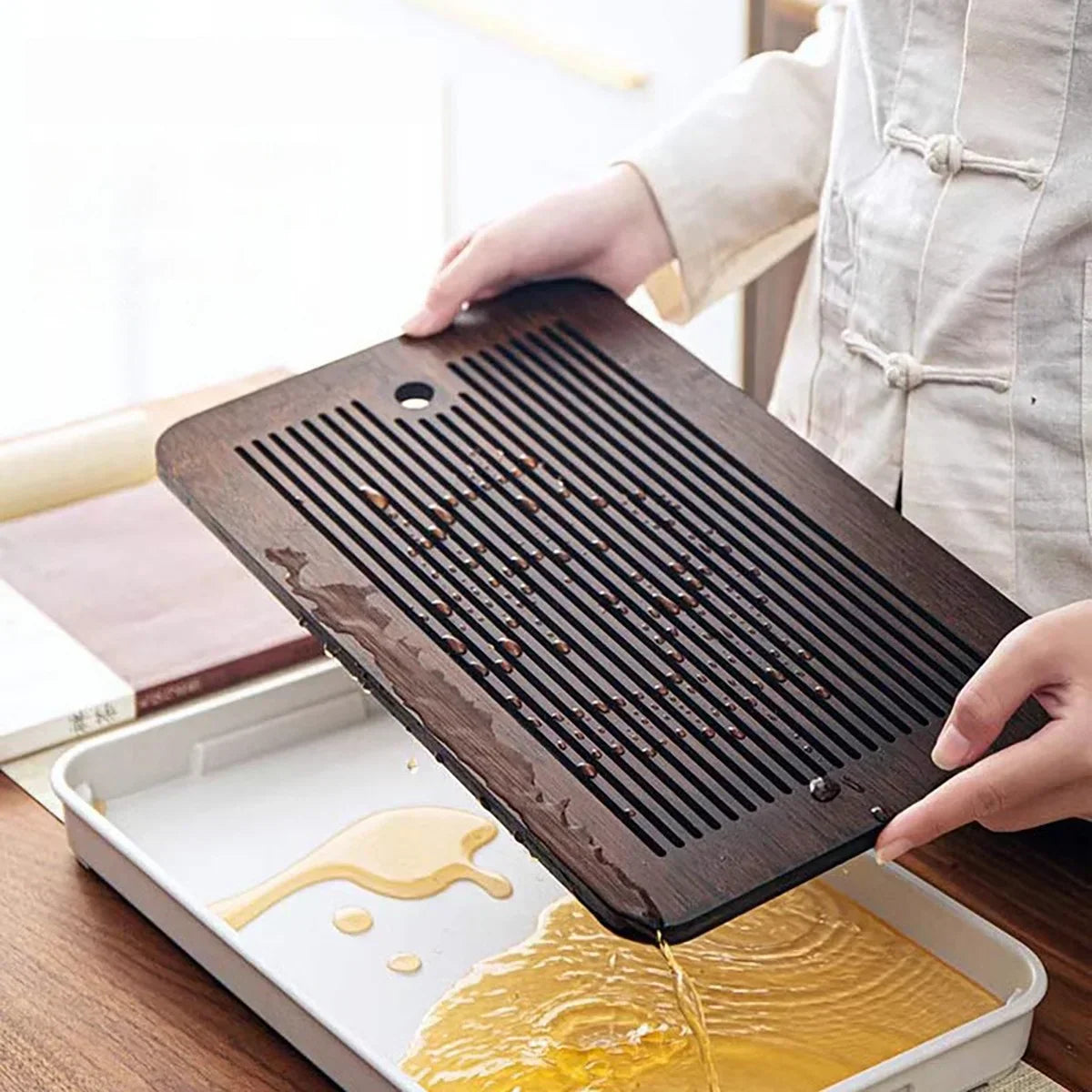 DecorBites™ Bamboo Tea Tray: Simple Kung Fu Tea Set, Dual Wet/Dry Use, Efficient Storage