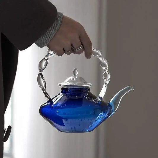 DecorBites™ Blue Glass Teapot - Japanese Style Heat-Resistant Twisted Handle Glass Teapot