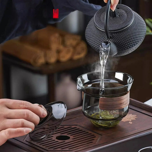 DecorBites™ Glass Gaiwan Cup Set with Wood Ring, 240ml Tea Separation & Filter, Anti-Scalding