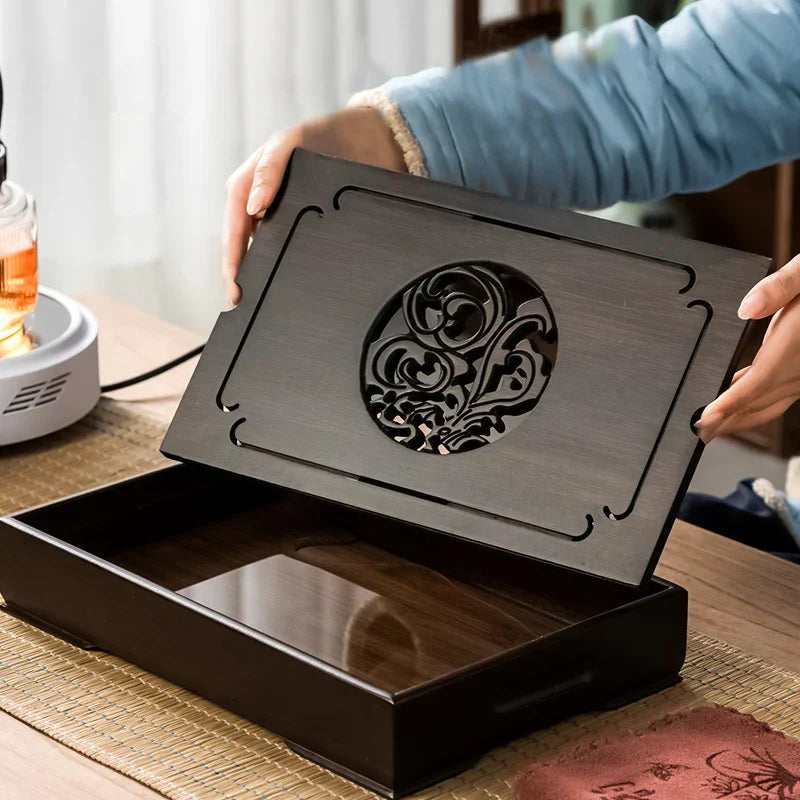 DecorBites™ Bamboo Tea Tray: Dual Purpose Teaware Holder with Water Storage and Drainage