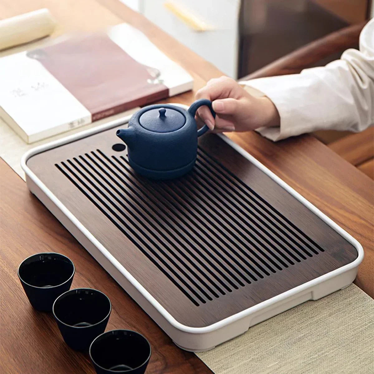 DecorBites™ Bamboo Tea Tray: Simple Kung Fu Tea Set, Dual Wet/Dry Use, Efficient Storage