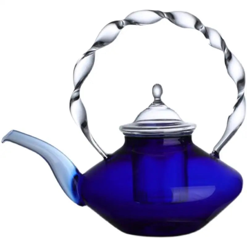 DecorBites™ Blue Glass Teapot - Japanese Style Heat-Resistant Twisted Handle Glass Teapot