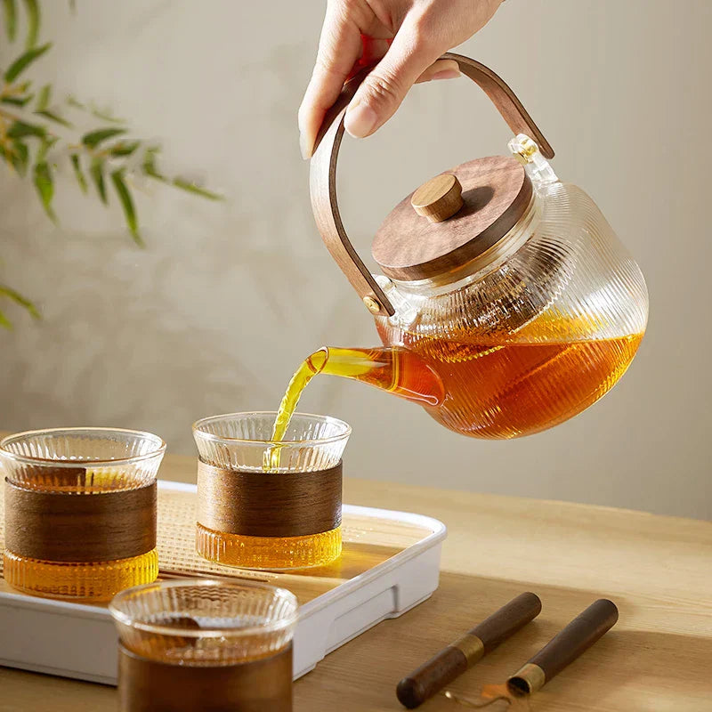 DecorBites™ Glass Teapot Set with Wooden Handle and Cover