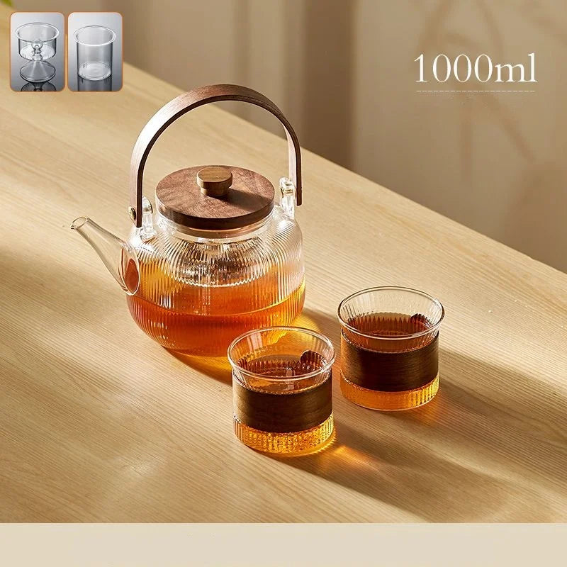 DecorBites™ Glass Teapot Set with Wooden Handle and Cover