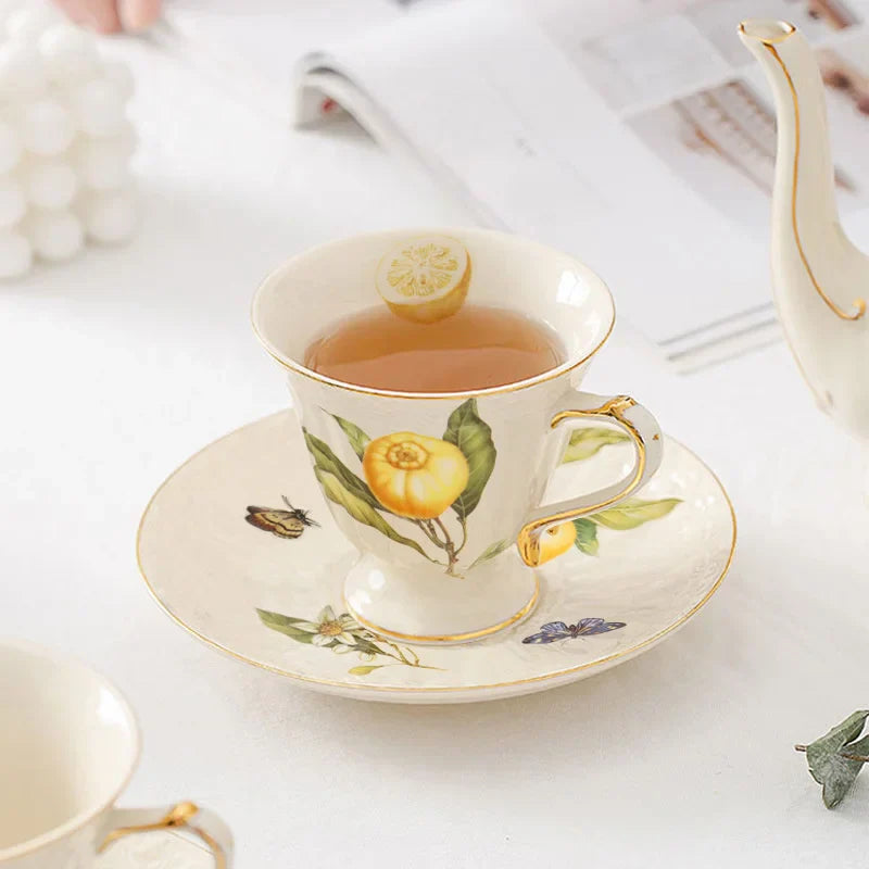 DecorBites™ Gold Edge Cup & Saucer Set: Lemon Teapot, Coffee Mug, Ceramic Plates & Drinkware