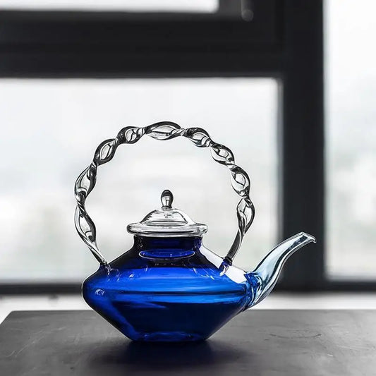 DecorBites™ Blue Glass Teapot - Japanese Style Heat-Resistant Twisted Handle Glass Teapot