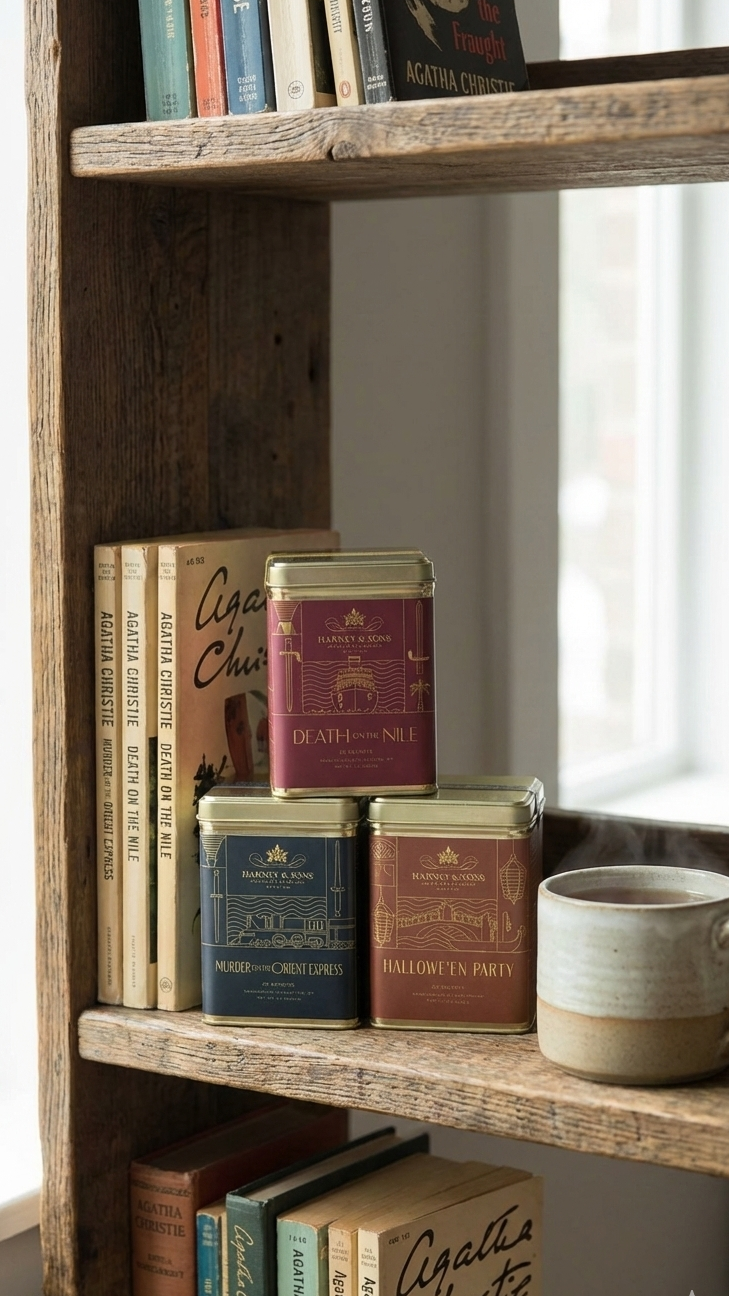Agatha Christie Trio Tea Gift Set featuring Death on the Nile, Orient Express and Hallowe'en party tins on a book shelf- blinks emporium