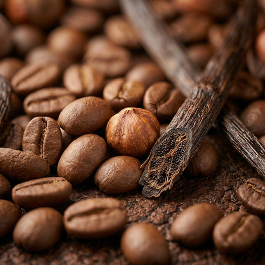 Extreme macro shot of Bavarian Hazelnut Symphony coffee beans with a vanilla bean pod - blinks emporium