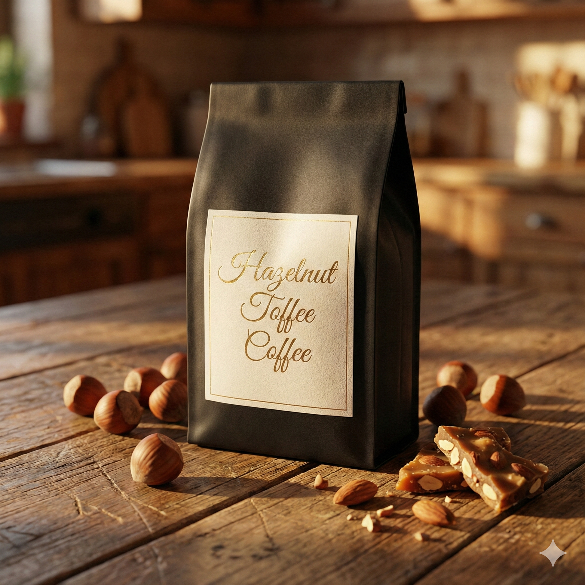 Bag of Hazelnut Toffee Coffee on a wooden table with scattered coffee beans and toffee pieces - Blinks Emporium