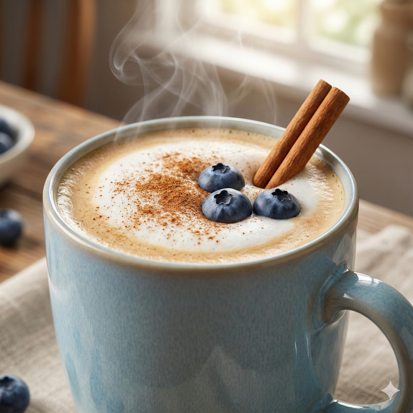 Blue mug of hot beverage with cinnamon, blueberries, and a cinnamon stick on a wooden table - blinks emporium