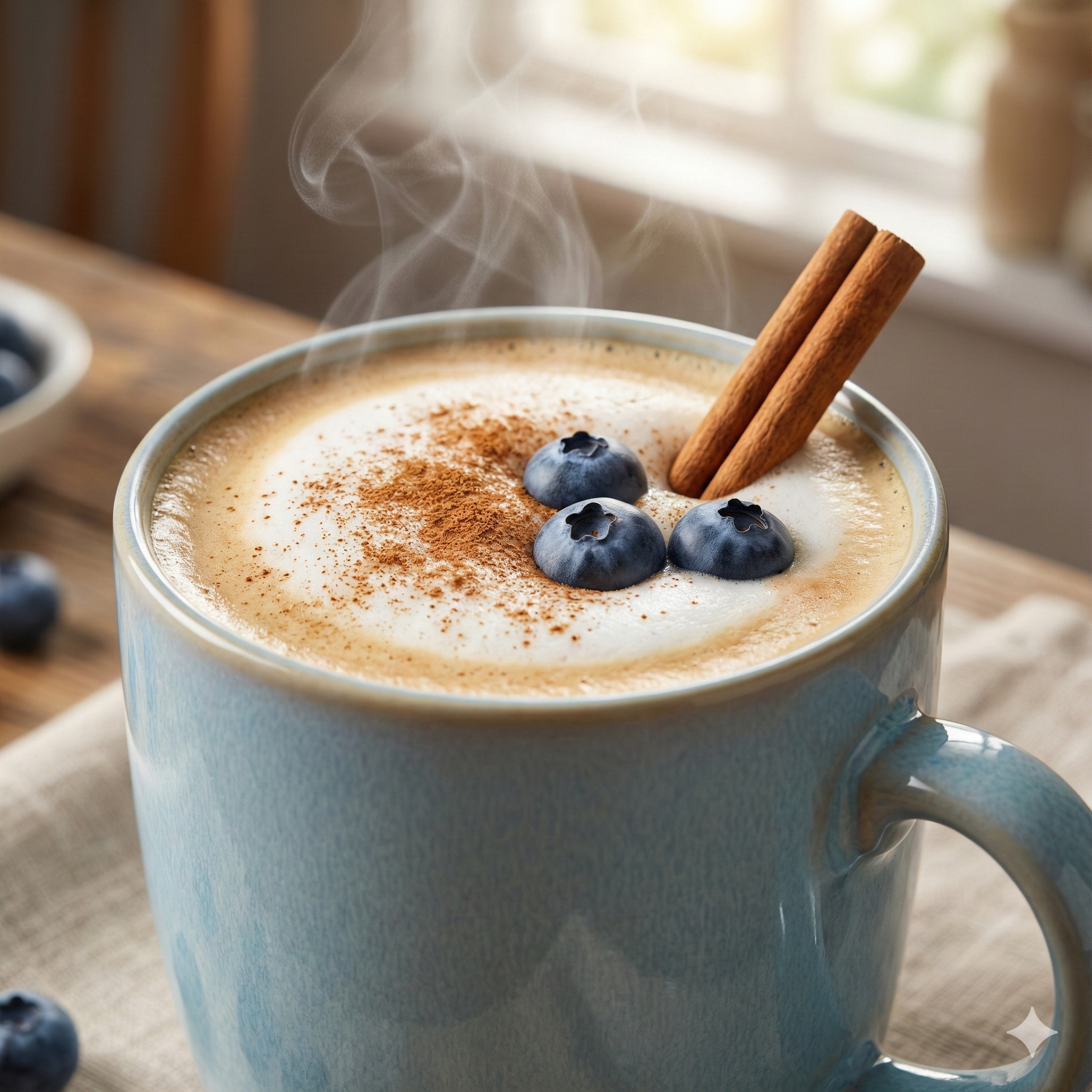 Blue mug of hot beverage with cinnamon, blueberries, and a cinnamon stick on a wooden table - blinks emporium