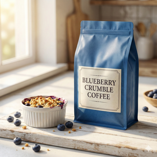 Blueberry crumble coffee package on a wooden surface with a bowl of blueberry crumble in the background - blinks emporium